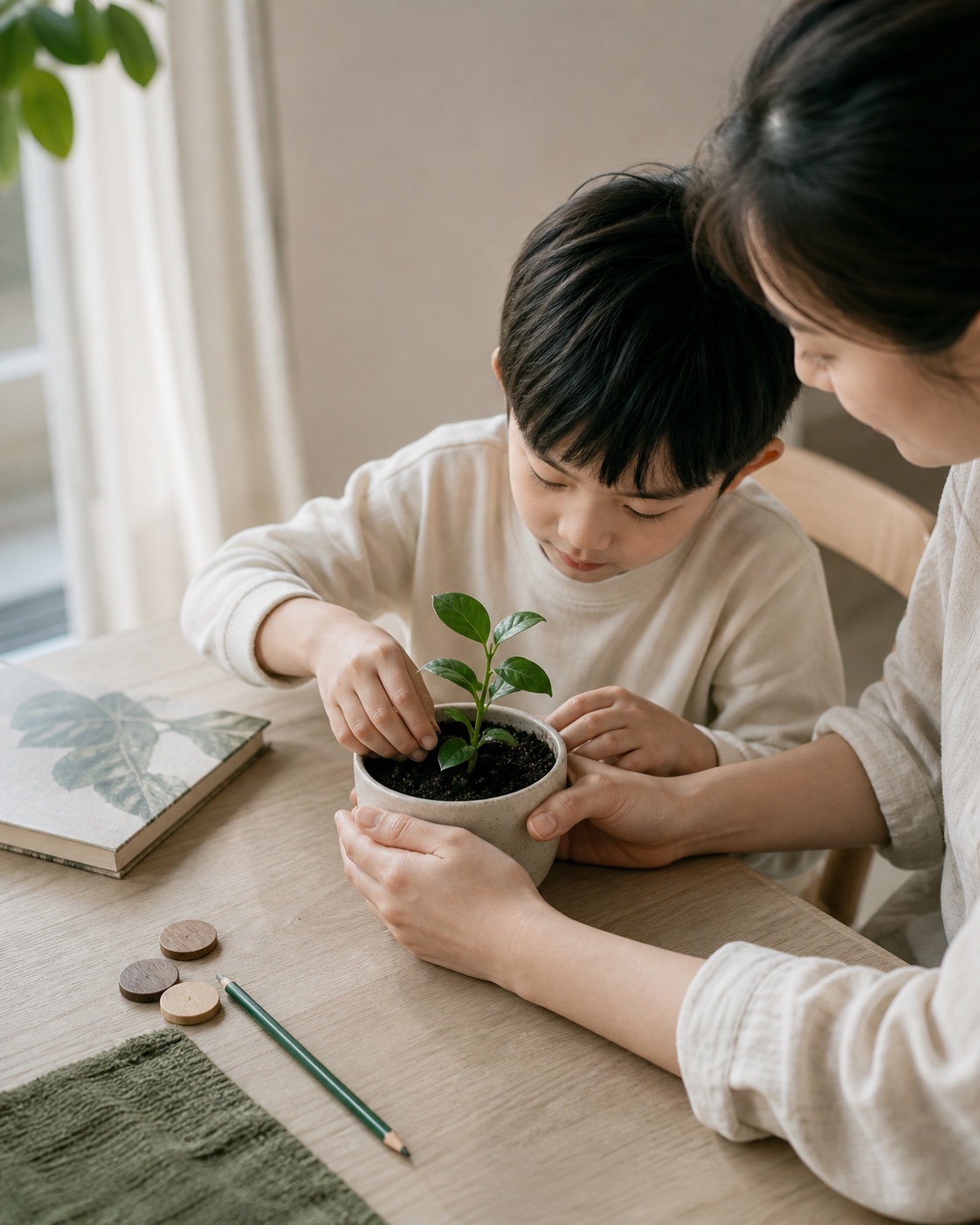 家长陪孩子一起种下一株幼苗